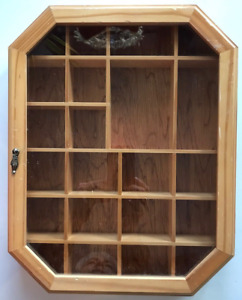Vtg Wood Glass Curio Cabinet Display Case 22 Slots Octagonal Oak Wall 15 X 11 5