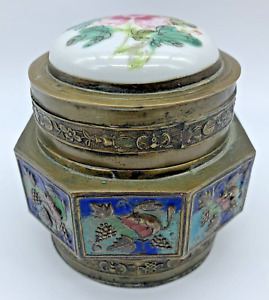 Vintage Chinese Enameled Brass Tea Caddy Box Octagonal Repousse Rose Antique