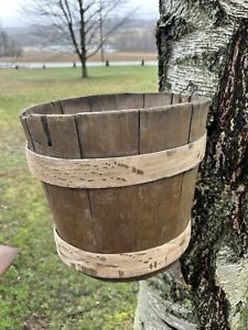Antique Primitive Wood Sap Bucket With Wood Bands