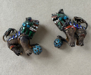 Pair Of Chinese Gilt Silver Filigree And Enamel Foo Dogs 1 5 8 