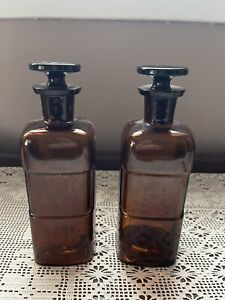 Vtg W T Co 2 Amber Apothecary Pharmacy Tall Glass Bottles Glass Stoppers