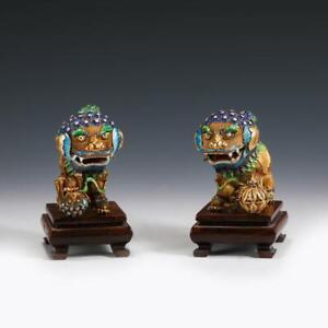 Pair Antique Chinese Champleve Silver Gilt Enamel Fu Lions