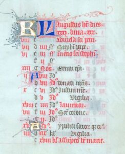 C 1425 50 Medieval Book Of Hours August Calendar Illuminated Manuscript Leaf