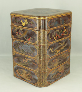 Gold Wave Pattern Lacquered Five Tiered Box Jubako Makie Gold Lacquered Animal 