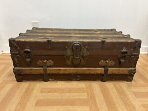 Vintage Wood Steamer Trunk Chest Coffee Table Storage Box Antique Wooden Decor