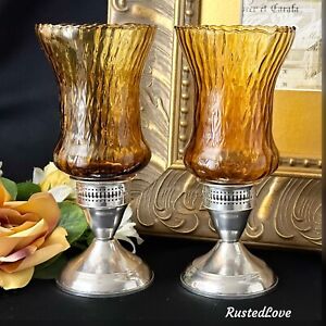 Sterling Silver Hurricanes Amber Shades Vintage Duchin Silver Candle Holders 