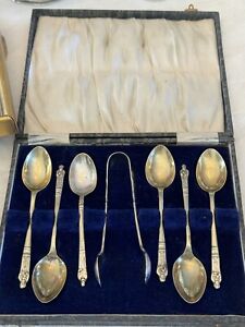 Vintage Silverplate 6 Apostle Spoons Sugar Tong 5 Lg 1 Smaller In Case