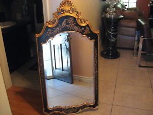 Black Crackle Carved Giltwood Handpainted Chinoiserie Wall Mantel Beveled Mirror