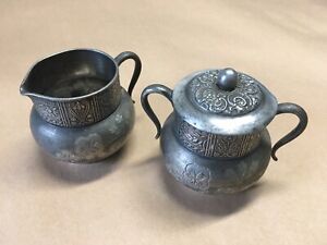 Pairpoint Silver Plate Coffee Tea Pot Service Set Creamer Sugar Antique Birds