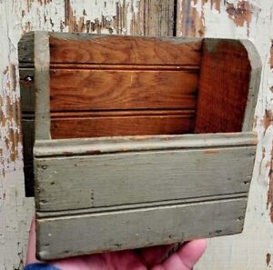 Early Primitive Small Wooden Wall Box Original Old Green Paint