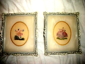 Vintage French Petit Point Couple Pictures Hudsons Bay Needlepoint Ornate Gesso