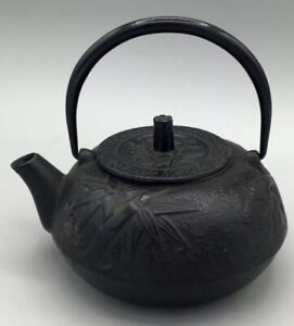 Antique Tetsubin Teapot Japanese Cast Iron Bamboo Pine Blossom
