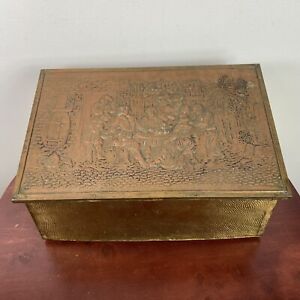 Antique Brass Copper Embossed Tavern Scene Coal Kindling Fireplace Magazine Box