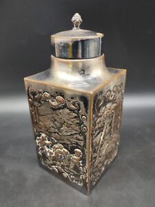 Vintage Silver Plate Repousse Tea Caddy W 4 Countryside Scenes