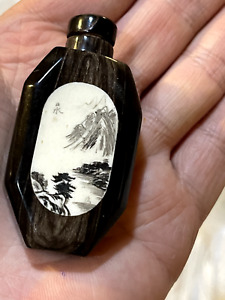Chinese Natural Horn Snuff Bottle Engraved Decoration Landscape