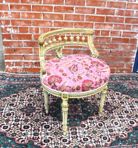 French Antique Painted Louis Xvi Vanity Upholstered Chair Ottoman Pink Fabric