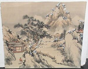 Old Japanese Snow Landscape Watercolor On Silk Unsigned Painting Unsigned