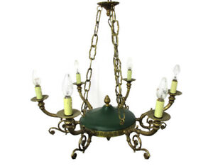 French Empire Pan Chandelier Green Tole Brass 6 Arm Lights Hollywood Regency