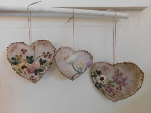 3 Vintage Silk Ribbon Floral Hanging Fabric Hearts Bowl Fillers Tucks Farmhouse