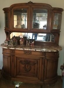 Antique French Buffet Marble Top Server Hutch Hand Carved With Mirror Back 