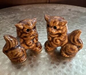 Chinese Guardian Foo Dogs Mini Brown Glazed Ceramic Pottery 2x2 Vtg 1970s Pair
