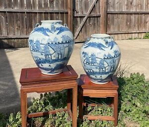 Chinese Blue And White Porcelain Temple Jars Vases Early To Mid 20th C Republic