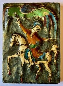 Antique Persian Tile Huma Falcon Royal Rider Horse Middle Eastern 19th C 
