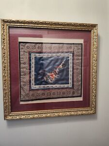 Vintage Gold Framed Chinese Silk Embroidery Floral Pattern With Bird