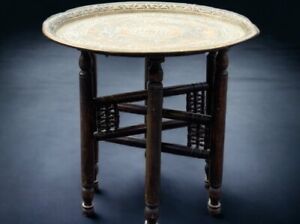 Antique Persian Benares Folding Table With Brass Tray 56cm Diameter 51cm High