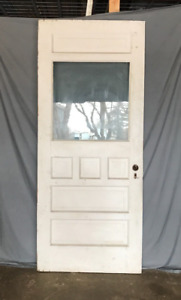 Antique Vtg Shabby 34x81 White Solid Wood Entry Door 1 2 Glass Old Chic 504 24b