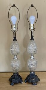 Pair Vintage Hollywood Regency Crystal Diamond Cut Table Lamps Ornate Brass Base