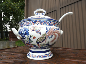 Vintage Belgian Boch Pottery Soup Tureen Polychrome Decor Birds