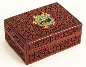  Late 19th C Chinese Red Cinnabar Box With Carved Stone Dragon