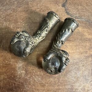 Pair Antique Victorian Cast Iron Claw Glass Ball Furniture Hardware Feet