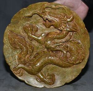 11 8 Marked Chinese Old Xiu Jade Carved Dynasty Palace Dragon Lucky Tray Plate