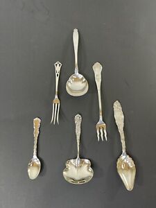 Lot Of 6 Antique Sterling Silver Spoons And Pickle Forks 3 Monogrammed Vgc 