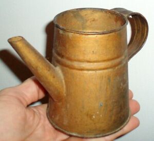 Very Early Primitive Antique Tiny Tin Teapot Coffee Pot W Original Gold Paint