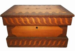Mid Late 19th C American Folk Art Antique J F H Sgnd Hnd Tooled Dec Pine Wd Box