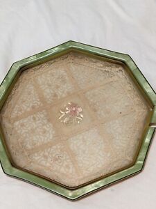 Antique Handmade Lace In Two Panel Glass Hexagon Frame