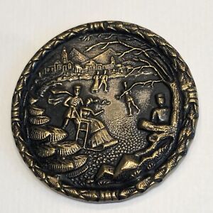 X Large Iconic Skating In Central Park Metal Picture Antique Button 1 7 8 