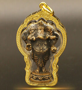Lord Ganesh 3 Heads Hindu God Gold Micron Case Pendant Om Jewelry Thai Amulet