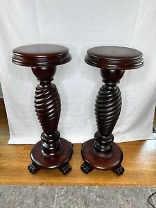 Pair Matching Large Mahogany Carved Twist Pedestal Plant Stands Horner Not Oak