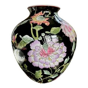 Vtg Chinese Famille Noire Black Porcelain Vase W Pink Purple Yellow Peonies