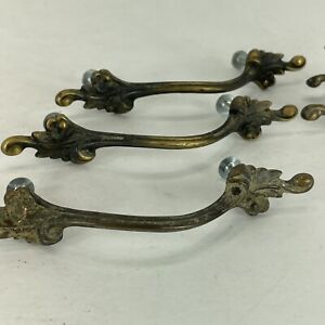 Vintage Steel Brass French Provincial Bar Drawer Pulls Handles Lot 4 Scroll Vine