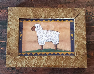 Vintage 1981 Watercolor Sheep Pa Folk Art Pj Rankin Hults Primitive Sponge Frame