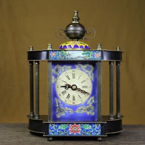 China Cloisonn Bronze Colour Enamels Peony Flower Column Mechanical Desk Clock