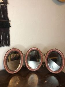 Antique Tri Fold Tabletop Mirror Oval Framed Beveled Floral Backing