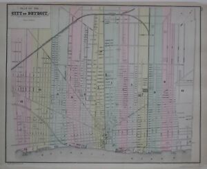 Original 1887 Ward Map Detroit Michigan Railroad Depots Gas Works Grand Circus