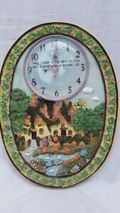 Vintage Oval Polyresin Picture Wall Clock 10 Inch Depicting European Village