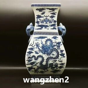 Exquisite Chinese Blue And White Porcelain Double Ear Dragon Pattern Big Vase